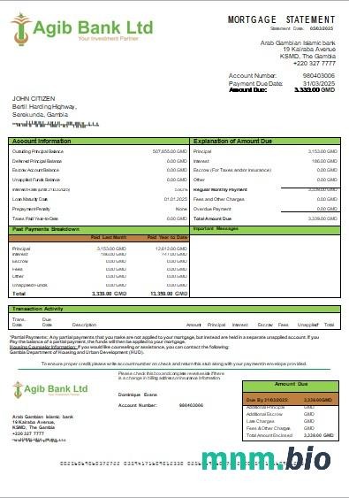 Gambia Arabsko-Gambijski Bank Islamski wyciąg z kredytu hipotecznego szablon Word i PDF